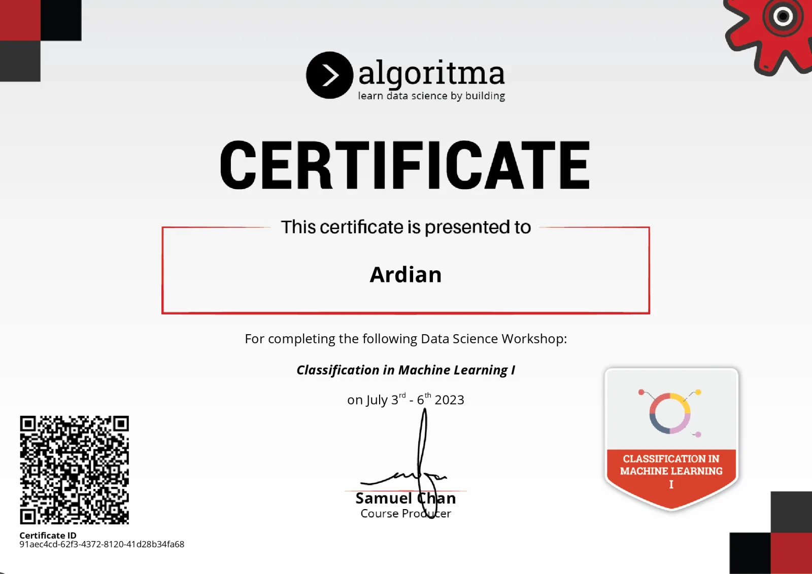 Classification in Machine Learning I certificate
