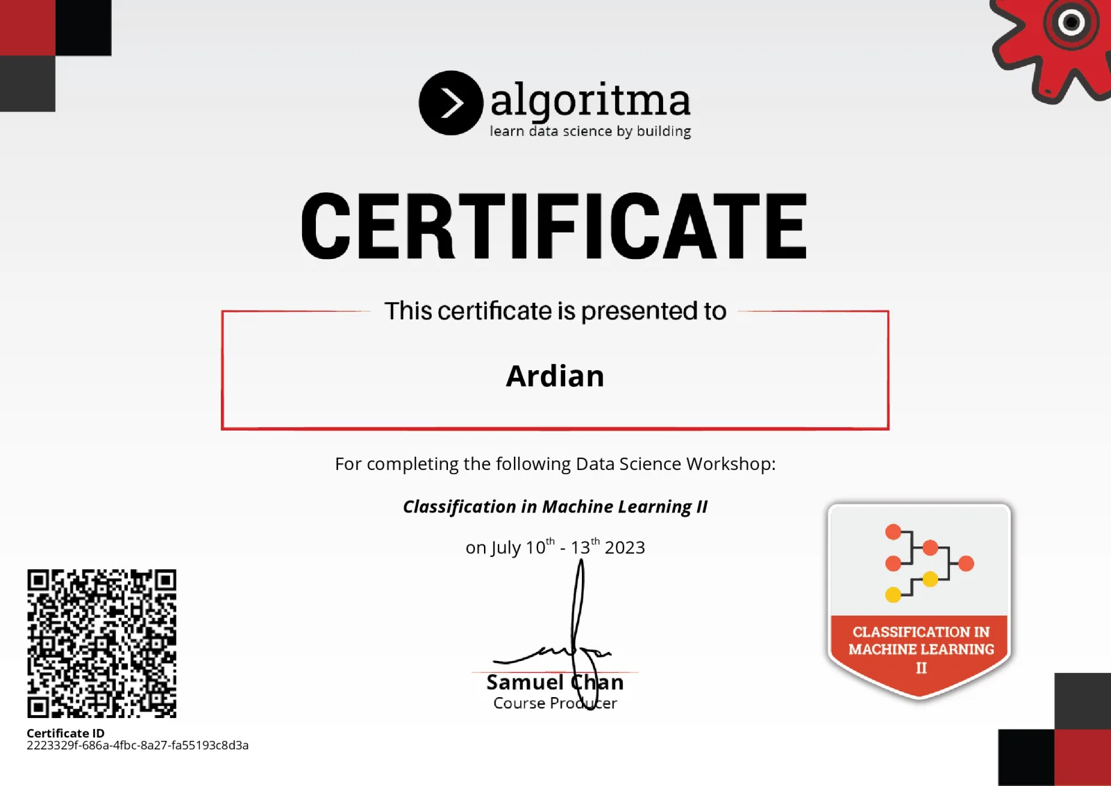 Classification in Machine Learning II certificate