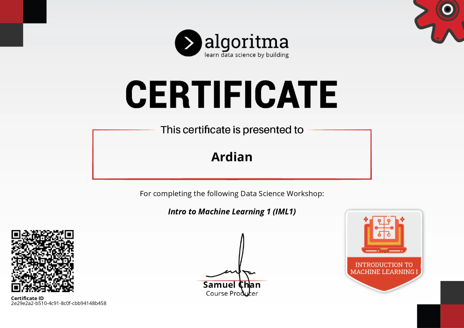 Intro to Machine Learning 1 certificate