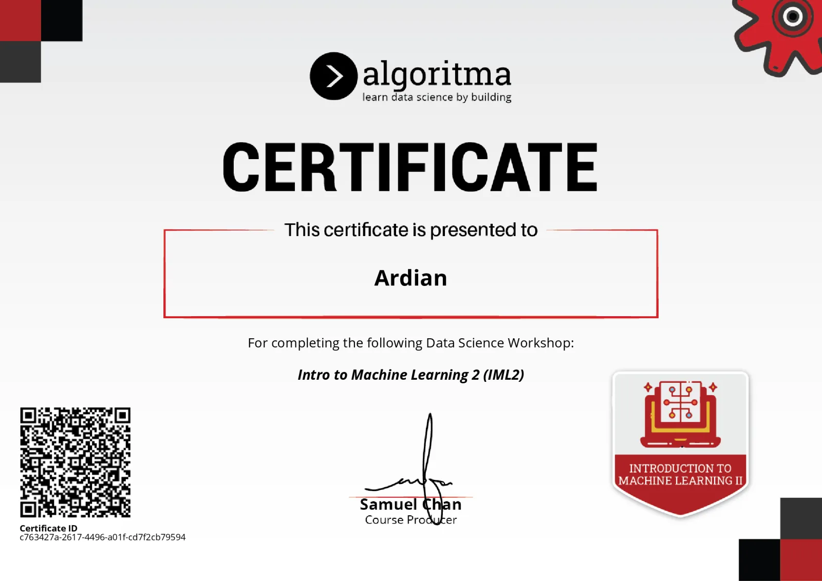 Intro to Machine Learning 2 certificate