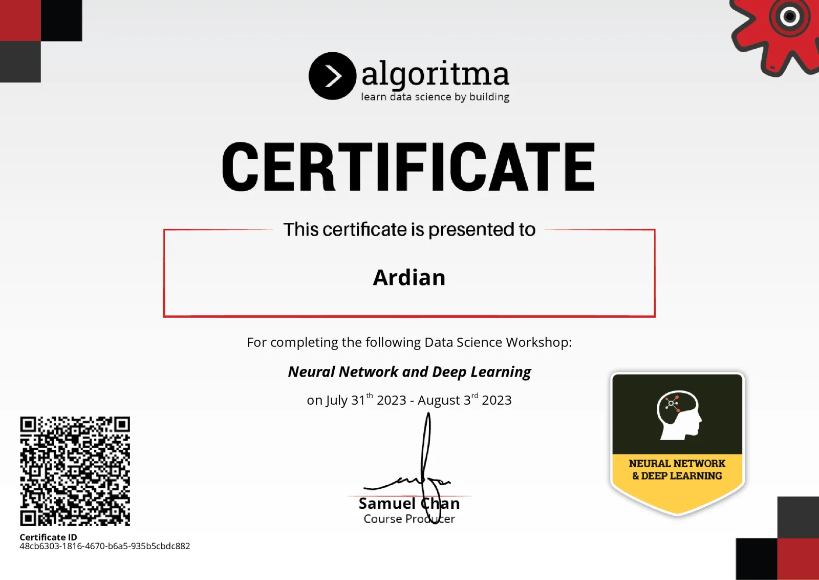 Neural Network and Deep Learning certificate