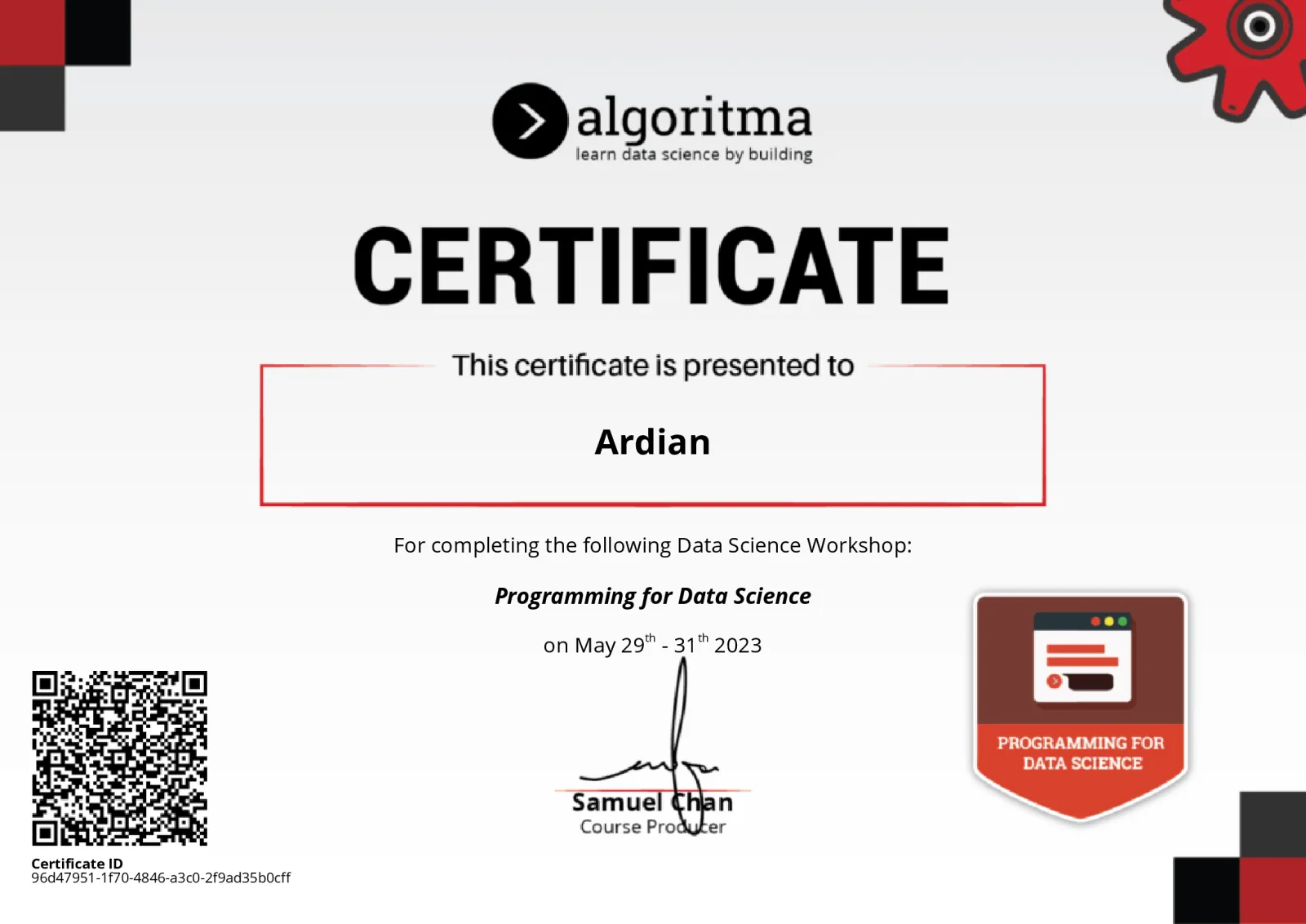 Programming for Data Science certificate