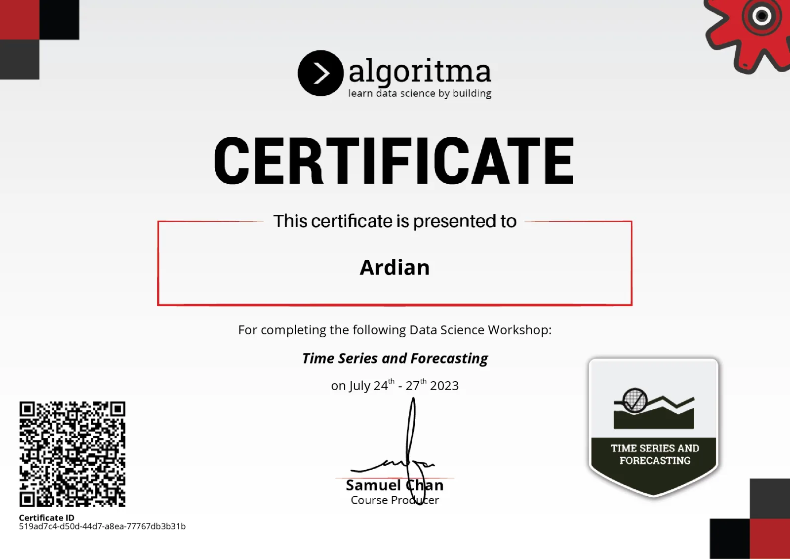 Time Series and Forecasting certificate